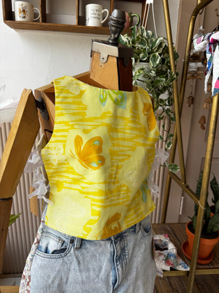 Side Tie Top From Vintage Sheet Yellow Butterflies - Size Small