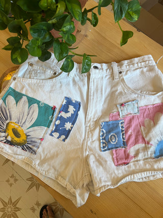 Upcycled Levi Jean Shorts w/ Quilted Patches - Size 12/14 32 waist