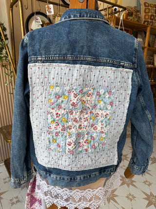 Upcycled Jean Jacket w/ Vintage Quilt  Hand Stitching