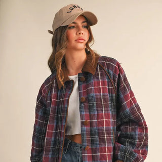 Multi Plaid Quilted Jacket w/ Corduroy Collar