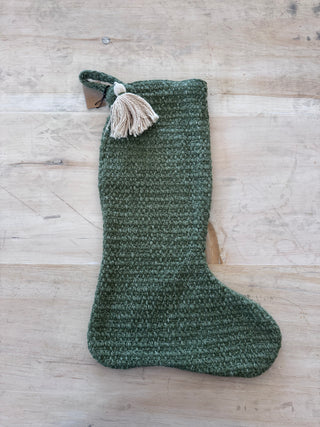 Stonewashed Cotton Blend Boucle Stocking w Tassel, Green