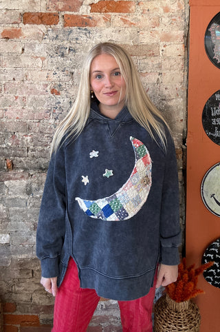 Hooded Blue Sweatshirt w/ Vintage Quilted Moon/Stars (ONE OF A KIND)