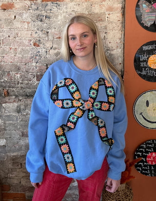 Blue Sweatshirt w/ Crochet Bow (ONE OF A KIND)