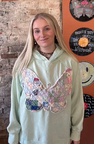 Hooded Green Sweatshirt w/ Vintage Quilted Butterfly (ONE OF A KIND)