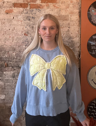 Blue Sweatshirt w/ Vintage Quilted Bow (ONE OF A KIND)