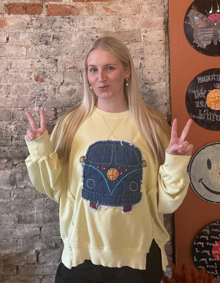 Light Yellow Sweatshirt w/ Vintage Hippy Van (ONE OF A KIND)