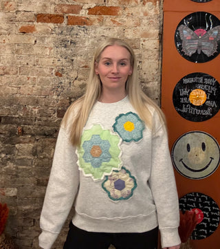 Gray Sweatshirt w/ Quilted Flowers (ONE OF A KIND)