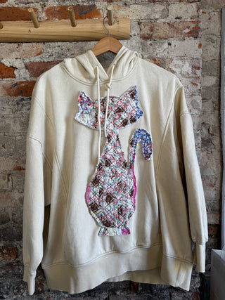 Hooded Cream Sweatshirt w/ Vintage Quilted Cat (ONE OF A KIND)