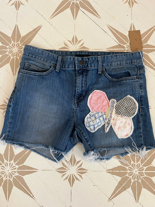 Upcycled Jean Shorts w/ Quilted Hearts/Butterflies - Size 12