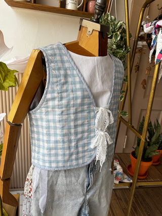 Handmade Quilted Vest Blue Plaid Reversible - Medium/Large