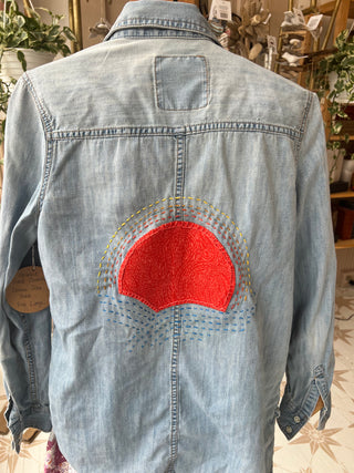 Upcycled Hand Embroidered Denim Jean Shirt - Size Large