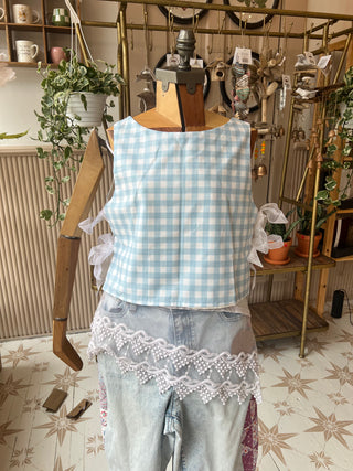Upcycled Side Tie Top Blue Plaid