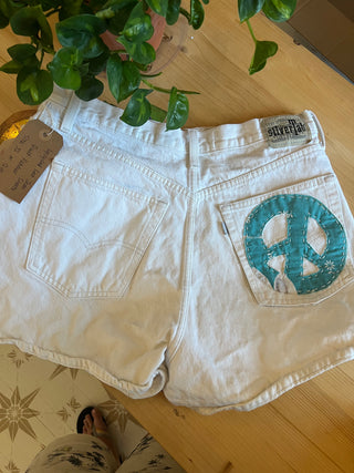 Upcycled Levi Jean Shorts w/ Quilted Patches - Size 12/14 32 waist