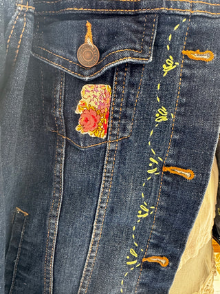 Upcycled Jean Jacket w/ Vintage Quilt  Hand Stitching
