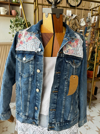 Upcycled Jean Jacket w/ Vintage Quilt  Hand Stitching