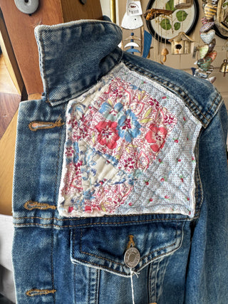 Upcycled Jean Jacket w/ Vintage Quilt  Hand Stitching