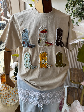 Tan tshirt w/ Quilted Cowboy boots- Large (ONE OF A KIND)