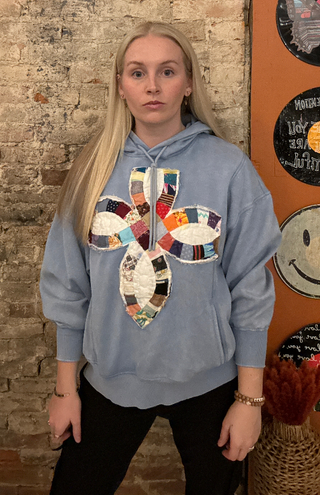 Hooded Light Blue Sweatshirt w/ Vintage Quilted Cross (ONE OF A KIND)