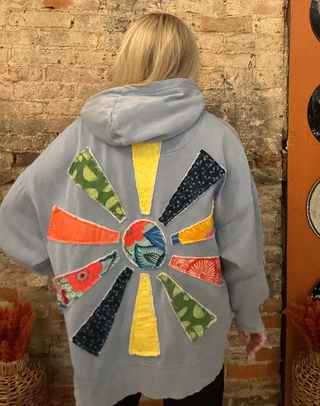 Hooded Light Blue Sweatshirt w/ Vintage Quilted Sun on back (ONE OF A KIND)