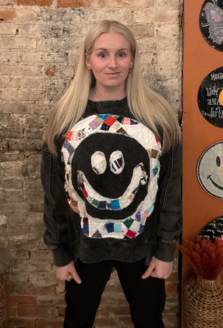 Black Sweatshirt w/ Quilted Smiley (ONE OF A KIND)