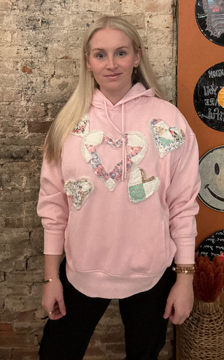 Hooded Pink Sweatshirt w/ Vintage Quilted Heart (ONE OF A KIND)