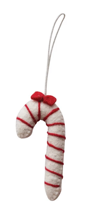 Handmade Wool Felt Candy Cane Ornament w/ Embroidery, 6 Styles