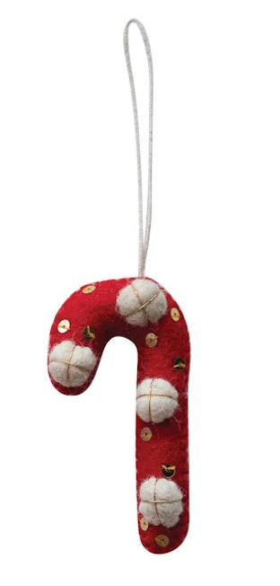 Handmade Wool Felt Candy Cane Ornament w/ Embroidery, 6 Styles