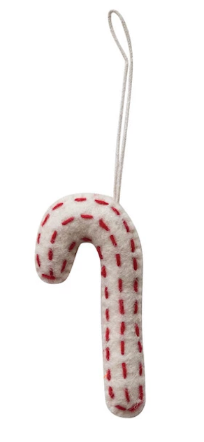 Handmade Wool Felt Candy Cane Ornament w/ Embroidery, 6 Styles