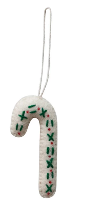 Handmade Wool Felt Candy Cane Ornament w/ Embroidery, 6 Styles