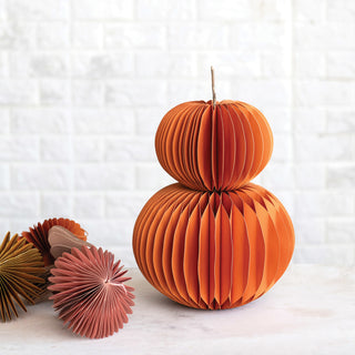 Recycled Paper Folding Honeycomb Pumpkin w/ Dried Natural Twig Stem, Orange Color - 2 sizes