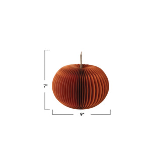 Recycled Paper Folding Honeycomb Pumpkin w/ Dried Natural Twig Stem, Orange Color - 2 sizes