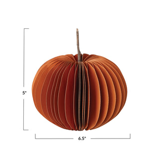 Recycled Paper Folding Honeycomb Pumpkin w/ Dried Natural Twig Stem, Orange Color - 2 sizes