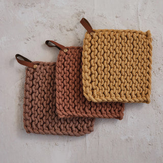 Fall Themed Crocheted Pot Holder w/ Leather Loop, 3 Colors