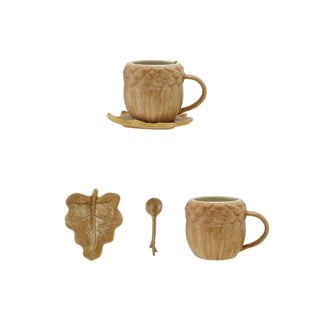 Stoneware Acorn Shaped Mug with Saucer & Spoon, Set of 3 (Each One Will Vary)