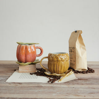 Stoneware Acorn Shaped Mug with Saucer & Spoon, Set of 3 (Each One Will Vary)