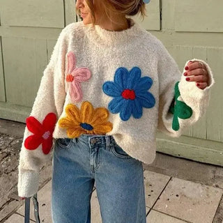 Colorful Floral Decorative Knit Sweater