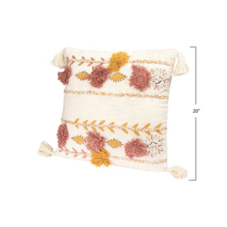 Cotton Embroidered Pillow w/ Tassels & Applique, Polyester Fill