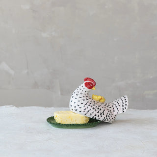 Hand-Painted Vintage Hen Shaped Butter Dish with Chicks