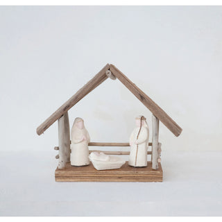 Handmade Driftwood and Paper Mache Nativity with Wood Base - 8-1/2"L x 3"W x 7"H