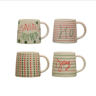 Hand-Painted Stoneware Mug w/ Holiday Word/Pattern, Red & Green - 16 oz.