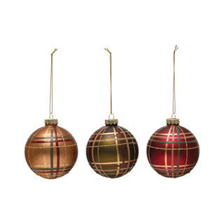 Round Hand-Painted Glass Ball Ornament w/ Glitter, Multi Color Plaid, 3 Colors - 3"