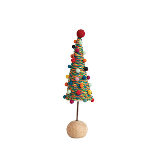 Handmade Wool Felt Tree w/ Pom Poms & Wood Ball Base, Multi Color - 3" Round x 10"H