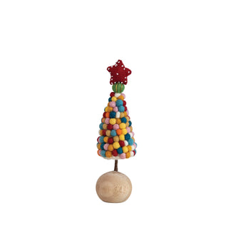 Handmade Wool Felt Pom Pom Tree w/ Beaded Star & Wood Ball Base - 2-1/4" Round x 8"H