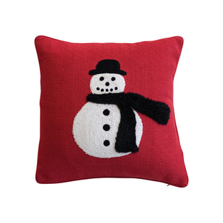 Square Cotton Jacquard Pillow w/ Embroidered Snowman & Tufting 18"