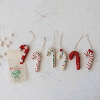 Handmade Wool Felt Candy Cane Ornament w/ Embroidery, 6 Styles