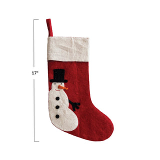 Handmade Wool Felt Stocking w/ Appliqued Snowman & Embroidery, Multi Color