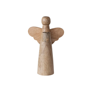 Mango Wood Angel Taper Holder, Natural 10 x 6.5"