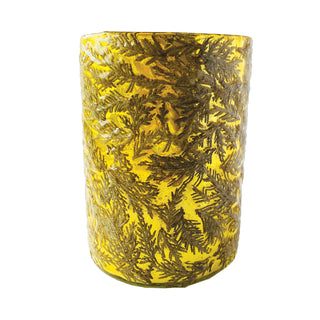 Recycled Glass Votive Holder w/ Embedded Cedar Leaves, Gold Finish