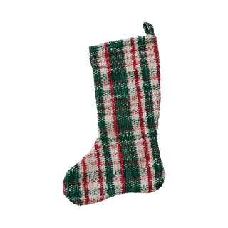 Woven Cotton Blend Stocking, Cream Color, Green & Red Plaid