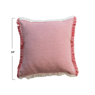 Square Woven Cotton Pillow w/ Stripes & Fringe, Red & White 18"